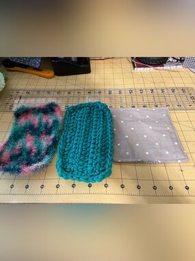 2 Handmade crochet dish scrubbies and 1 sewn jar opener!